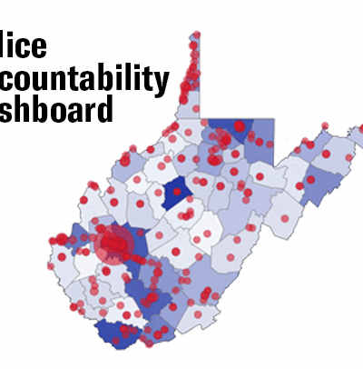 A map of West Virginia with red dots highlighting police departments across the state and large, black text reading "Police Accountability Dashboard"