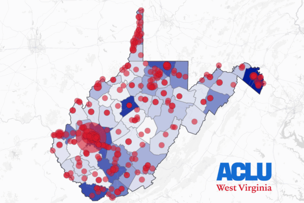 A map of West Virginia showing police departments across these state highlighted in red with the ACLU of West Virginia logo.