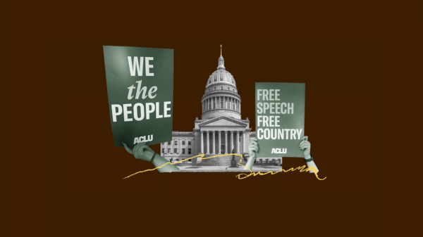 ACLU West Virginia Legislative Action Guide cover page featuring the West Virginia State Capitol building with its distinctive dome. Two hands hold protest signs reading 'WE the PEOPLE' and 'FREE SPEECH FREE COUNTRY' with ACLU branding. A golden handwritten signature-style line curves across the bottom of the image. The background is dark brown, and the title 'Legislative Action Guide' appears in large white serif text below the capitol image, with 'ACLU West Virginia' underneath.