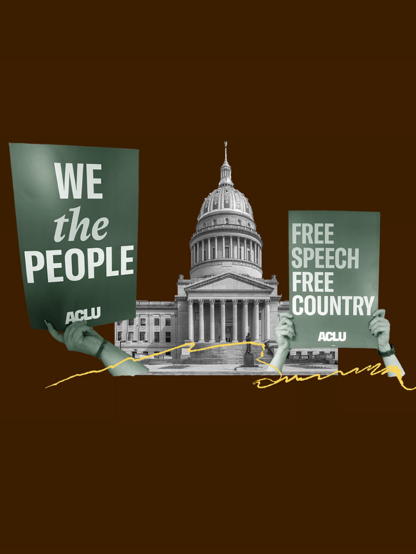 ACLU West Virginia Legislative Action Guide cover page featuring the West Virginia State Capitol building with its distinctive dome. Two hands hold protest signs reading 'WE the PEOPLE' and 'FREE SPEECH FREE COUNTRY' with ACLU branding. A golden handwritten signature-style line curves across the bottom of the image. The background is dark brown, and the title 'Legislative Action Guide' appears in large white serif text below the capitol image, with 'ACLU West Virginia' underneath.