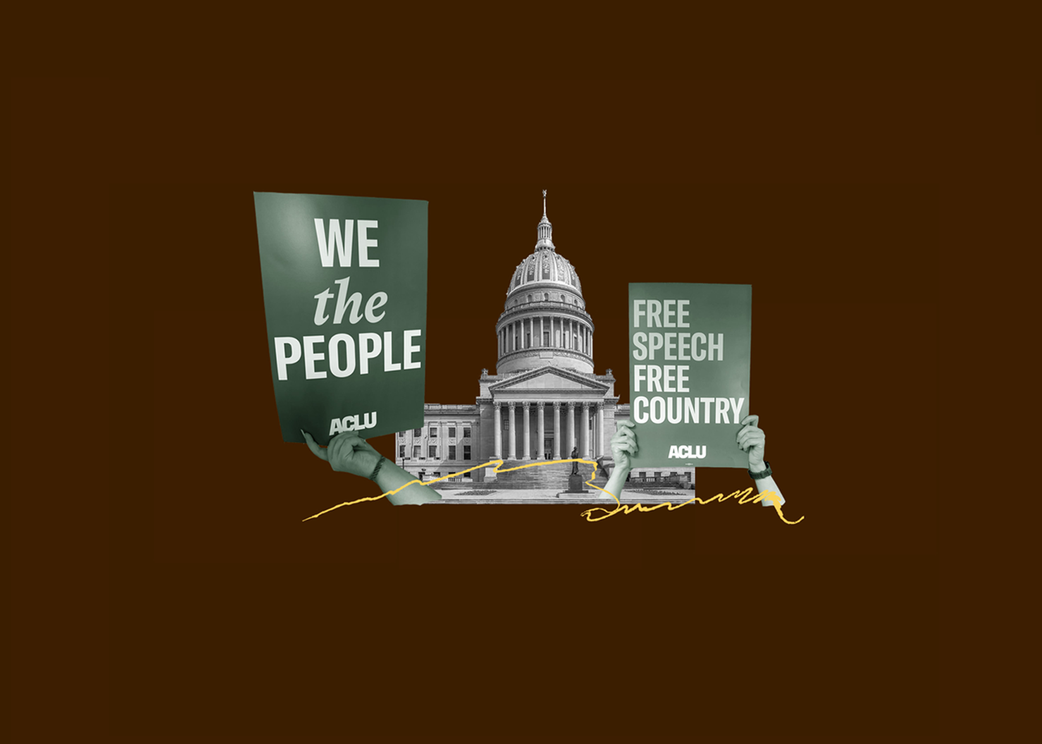 ACLU West Virginia Legislative Action Guide cover page featuring the West Virginia State Capitol building with its distinctive dome. Two hands hold protest signs reading 'WE the PEOPLE' and 'FREE SPEECH FREE COUNTRY' with ACLU branding. A golden handwritten signature-style line curves across the bottom of the image. The background is dark brown, and the title 'Legislative Action Guide' appears in large white serif text below the capitol image, with 'ACLU West Virginia' underneath.