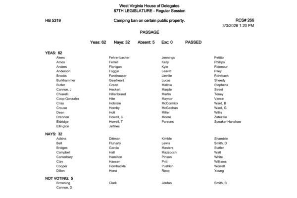 Image shows roll call vote on HB 5319, which criminalizes sleeping in public even when someone has nowhere else to sleep.