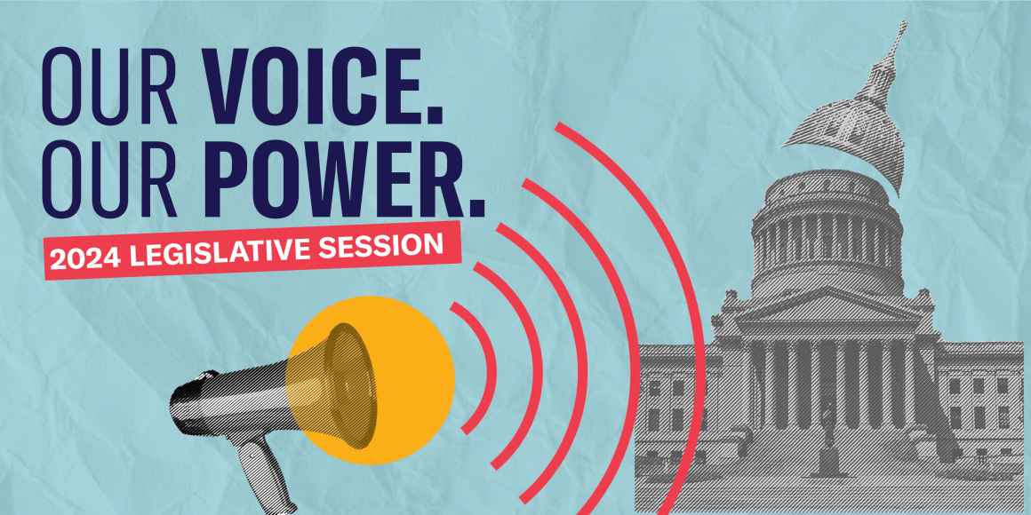 Our Voice, Our Power over a blue background with a megaphone, soundwaves, and the state Capitol