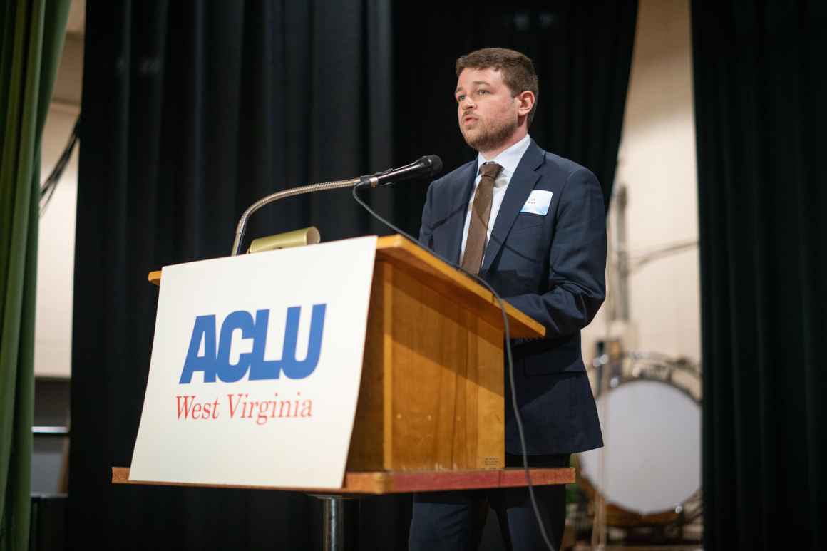 Staff Attorney Nick Ward discusses legal cases at the annual Bill of Rights Dinner