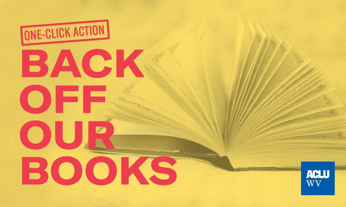 One-Click Action: Back Off Our Books in red over a yellow image of an open book