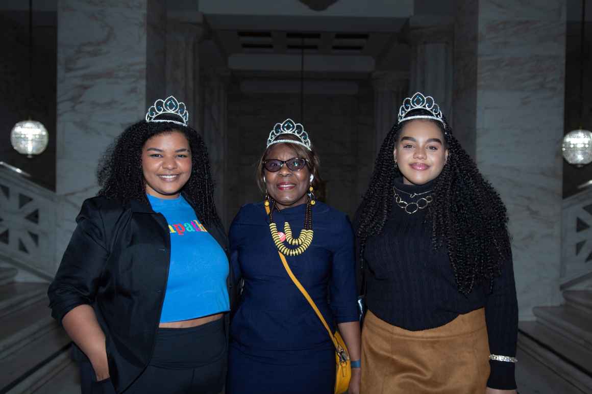 Rallying for the Crown Act are ACLU-WV's Ocean Smith, Sonya Armstrong, and Jaidyn Carter
