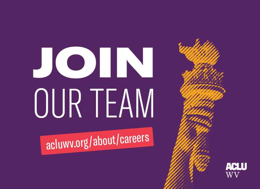 Join Our Team in white with Lady Liberty's torch in gold against a purple background