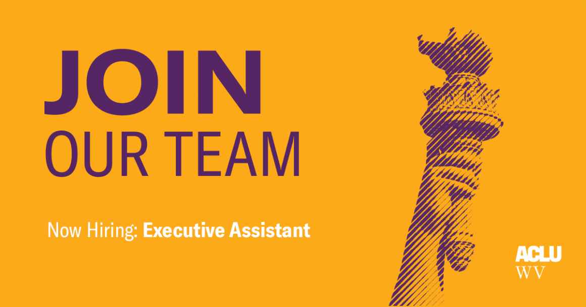 The words Join Our Team, Now Hiring: Executive Assistant over a gold background with Lady Liberty's torch