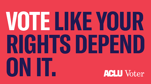 Blue text on red background says "Vote Like Your Rights Depend On It."