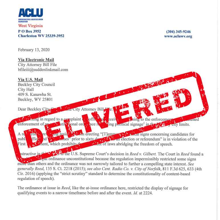 A copy of the letter sent to Beckley officials with the word "DELIVERED" stamped across it in red