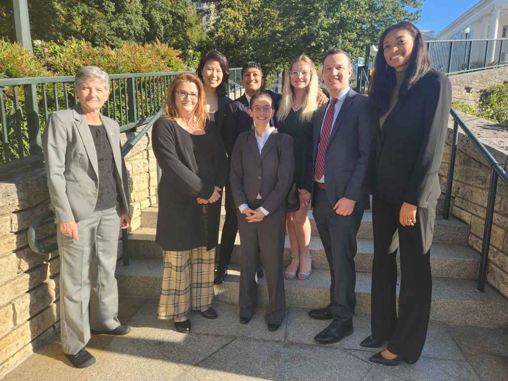 The legal team for Becky Pepper-Jackson pose for a photo with Becky and her mother, Heather Jackson, outside the Fourth Circuit Court of Appeals in Richmond, Virginia. 