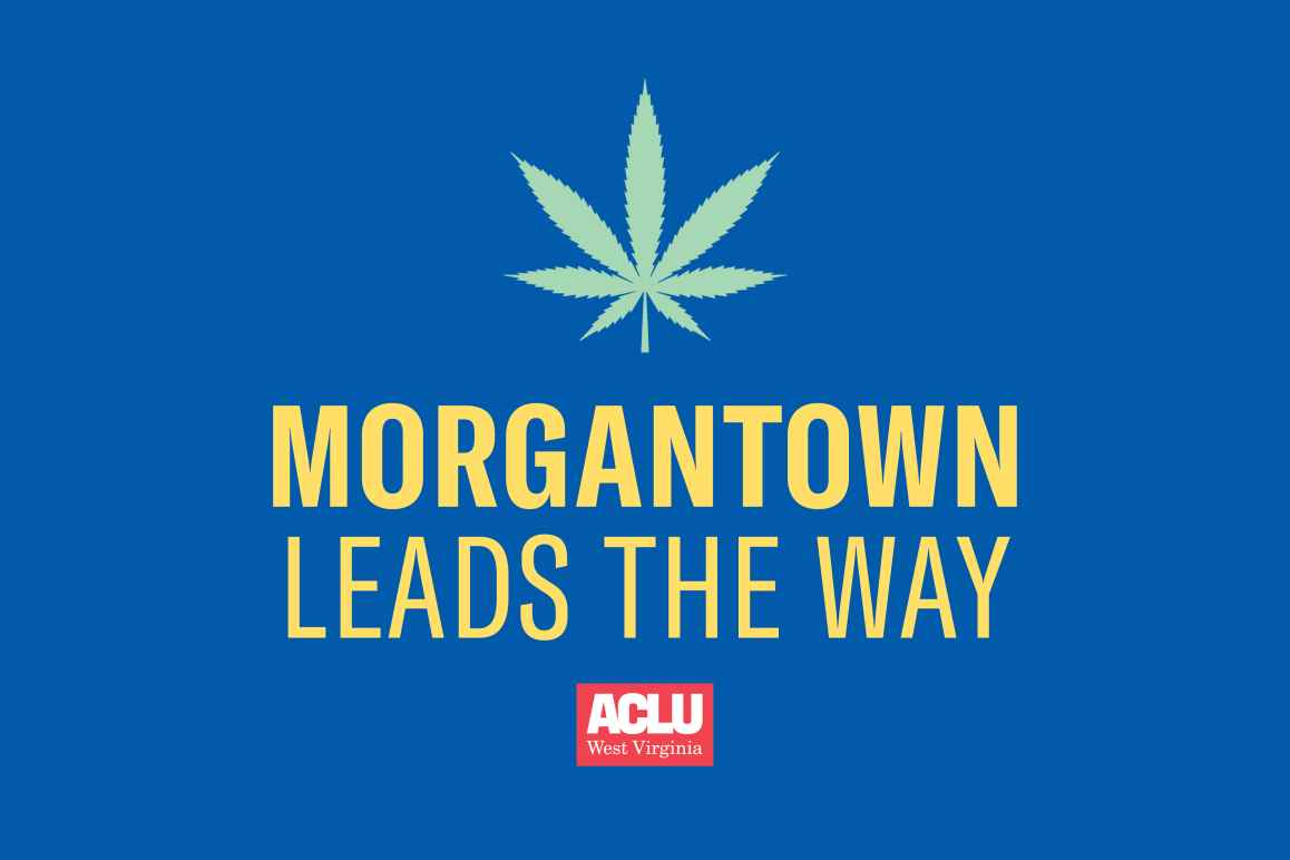 A Cannabis Leaf and the words "Morgantown Leads the Way" on a blue background