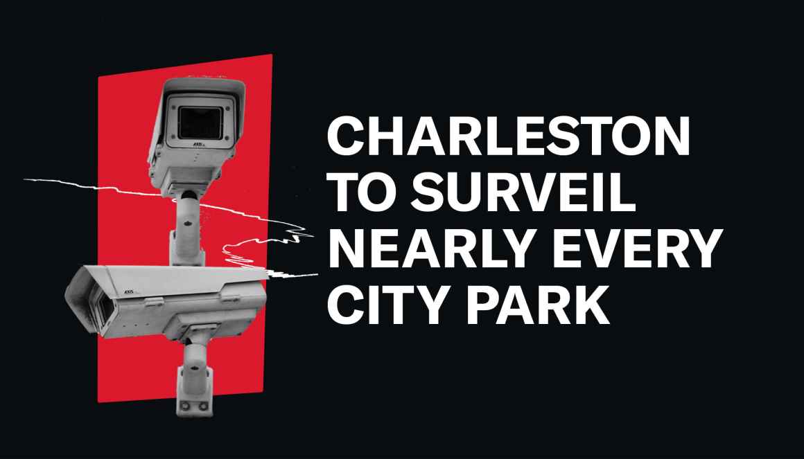Surveillance cameras on a red and black background next to the words "Charleston to surveil nearly every city park" in white