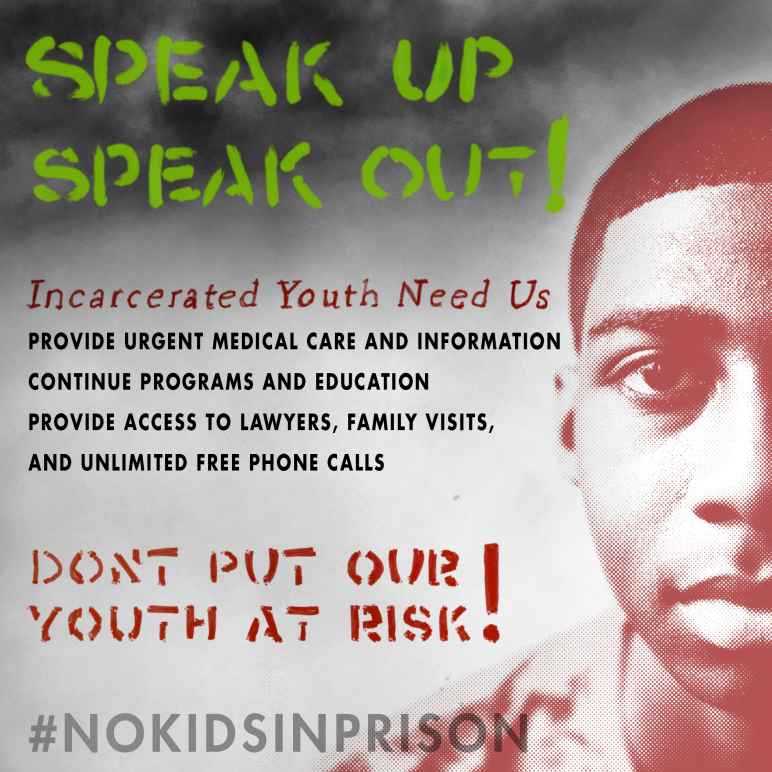 IMage shows a youth with the words Speak Up Speak Out #Nokidsinprison