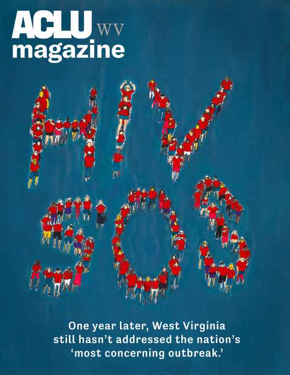 ACLU-WV 2022 Magazine cover features a painting showing people dressed in red and spelling out "HIV SOS"