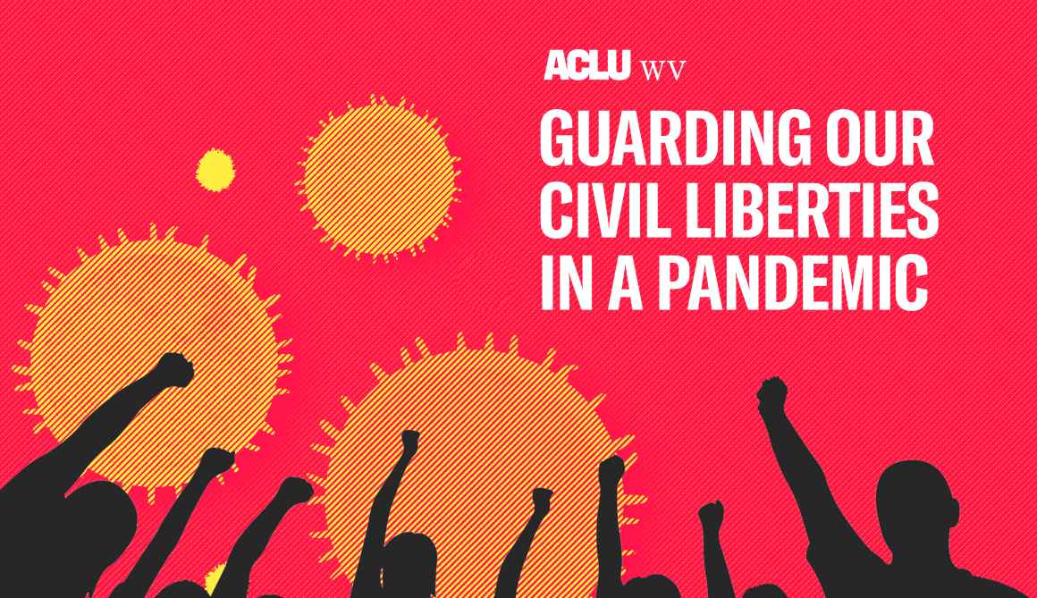 Image shows a crowd of protesters in front of an image of the coronavirus with the words "Guarding Our Civil Liberties in a Pandemic."