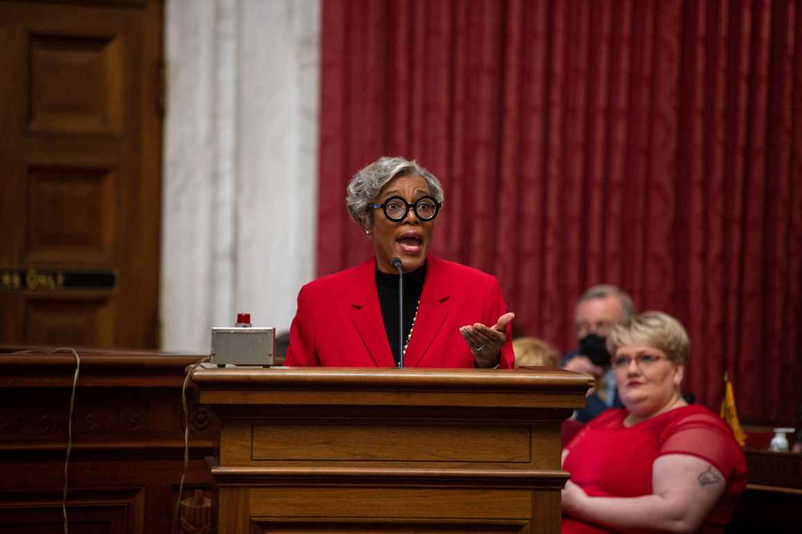 Charleston attorney Kitty Dooley, chairwoman of the legal redress committee of the Charleston Branch of the NAACP, speaks against SB 498, a classroom censorship bill. 