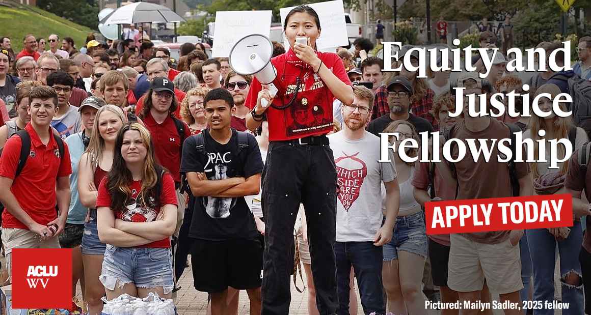 Mailyn Sadler, young Asian woman with long dark hair wearing a red shit and black pants leads a group of college students in a protest while holding a white megaphone
