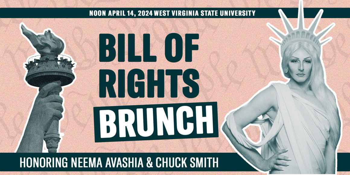 "Bill of Rights Brunch" is displayed in green and white over a pink background and an image of a drag queen dressed as Lady Liberty. 