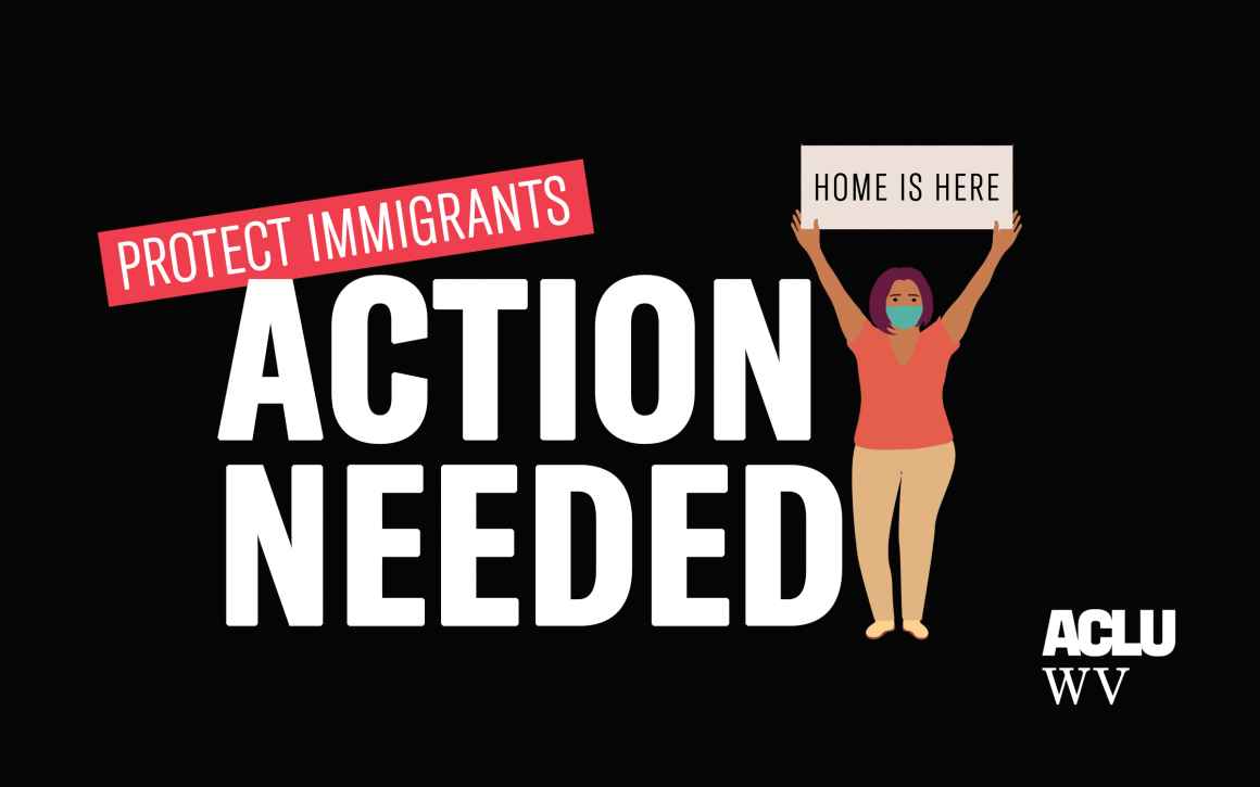 Illustration of a woman holding a sign reading "Home is Here" standing next to the words "Protect Immigrants, Action Needed"