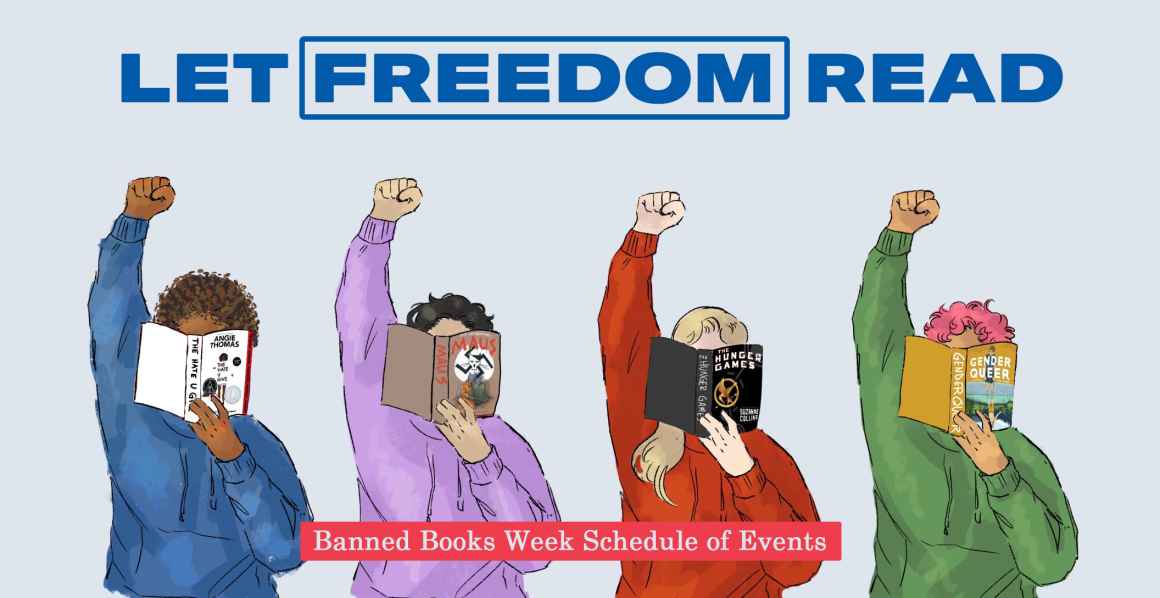 Illustration of young people reading books like "The Hate U Give" and "Gender Queer" with raised fists. "Let Freedom Read" is in blue across the top. 