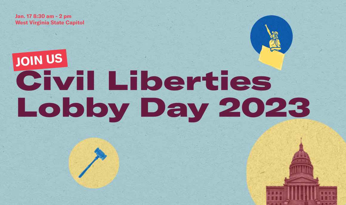 Civil Liberties Lobby Day Graphic with images of the state Capitol, a gavel, and a protester. 