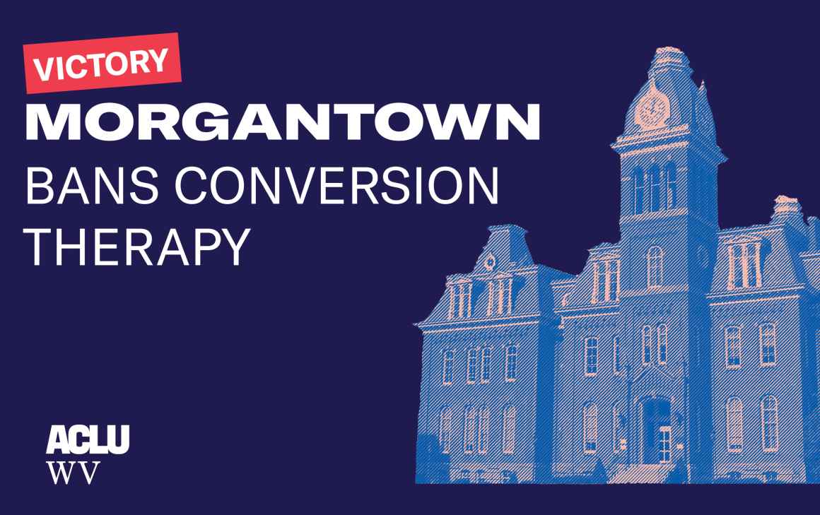 A picture of Woodburn Hall with the words "Victory: Morgantown Bans Conversion Therapy"