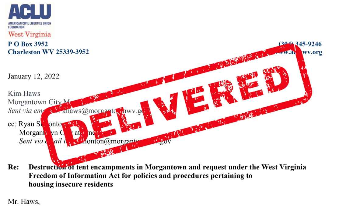 Delivered Stamp over letter to Morgantown City Officials regarding recent destruction of homeless encampments 