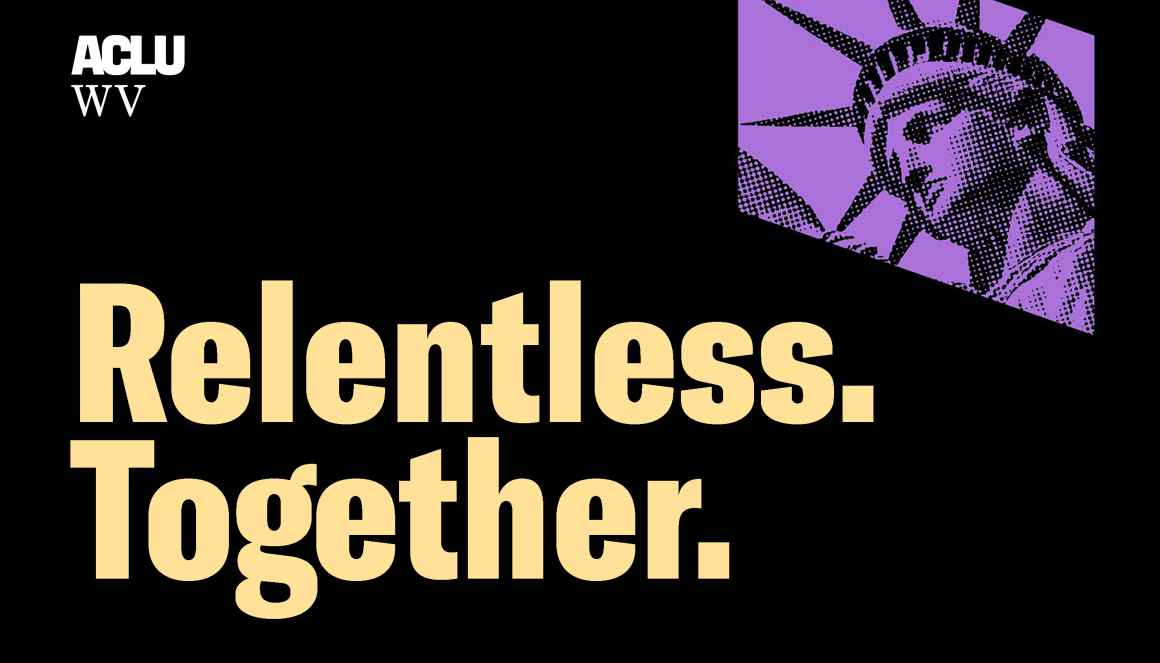 Lady liberty in purple with the words "Relentless Together" in yellow over a black background. 