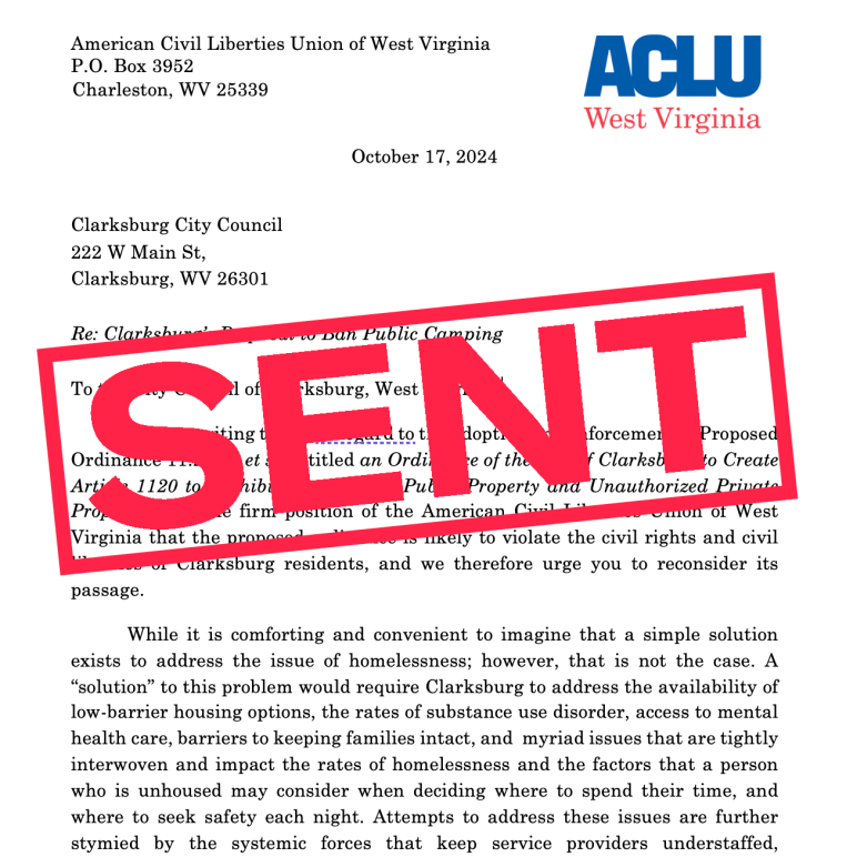 A letter to the City of Clarksburg on their proposed camping ban 