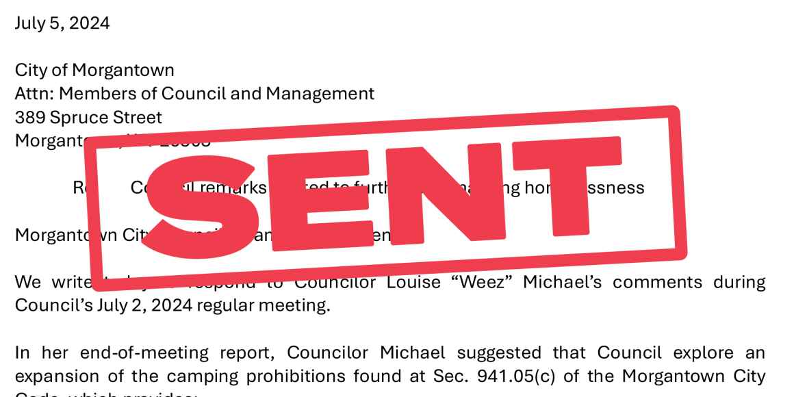 "Sent" stamped on copy of letter to Morgantown City Council