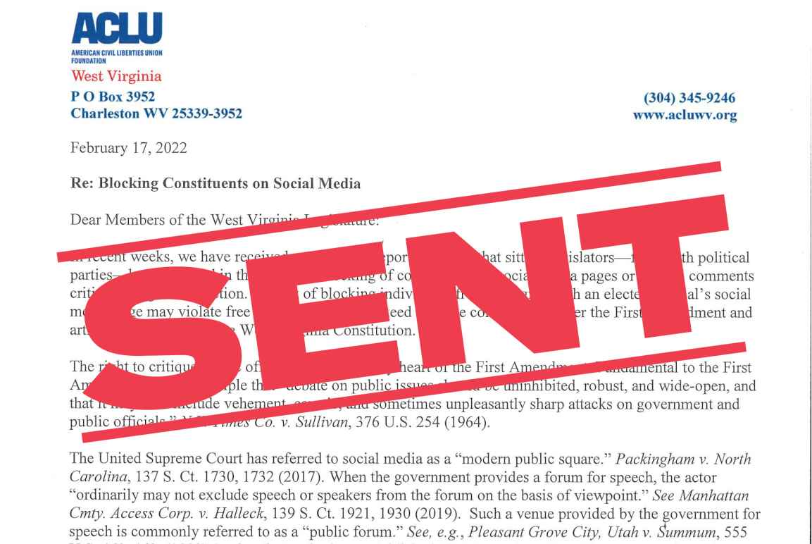 "Sent" stamped in red on a letter sent to state lawmakers regarding blocking of constituents on social media