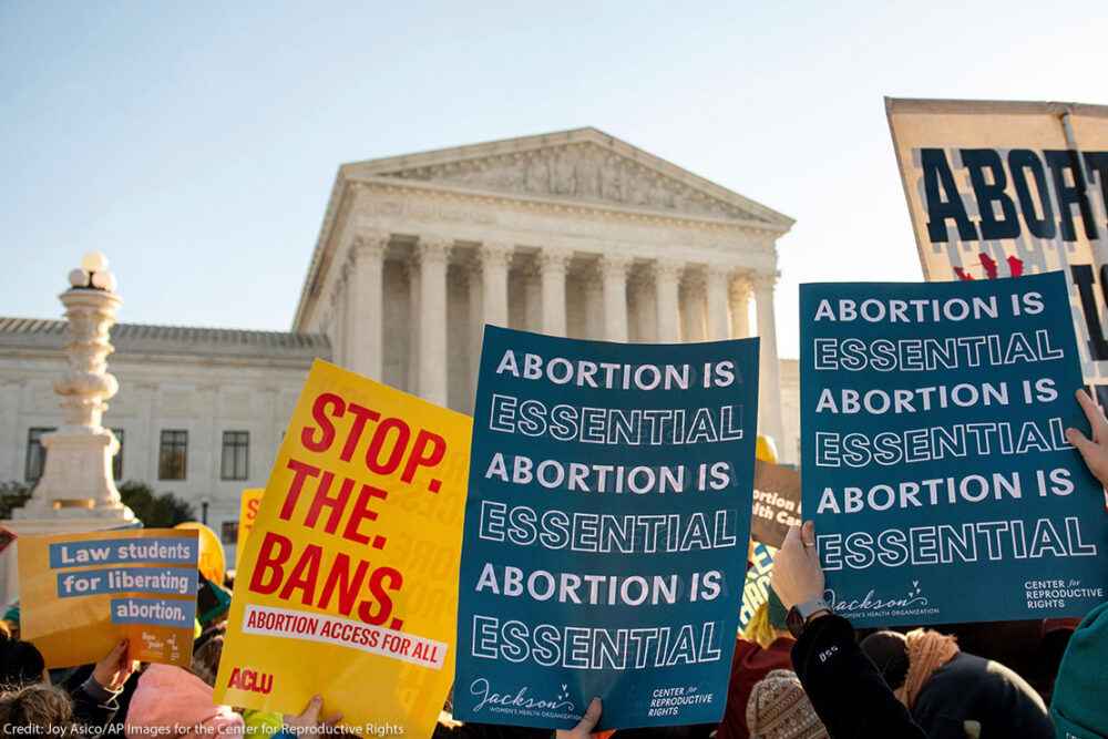 Signs saying Stop. The. Bans. are waved in front of the U.S. Supreme Court building