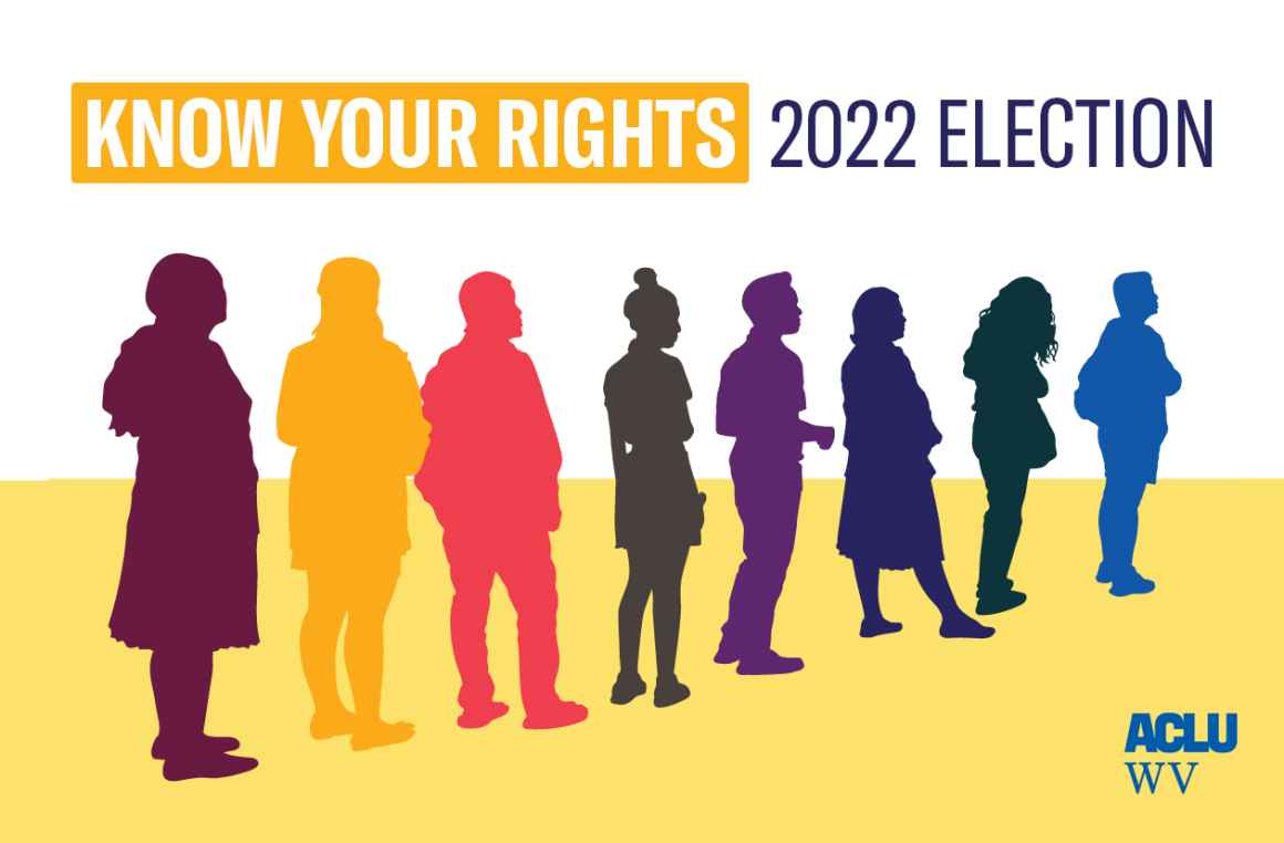People shown in a multicolor design waiting in line to vote with "Know Your Rights 2022 Election" overhead