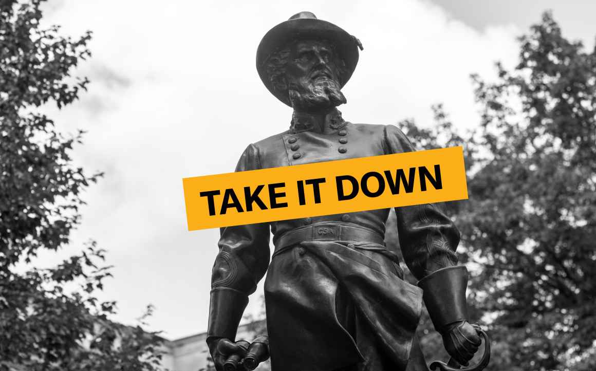 Statue of Stonewall Jackson with the words "Take it Down" superimposed