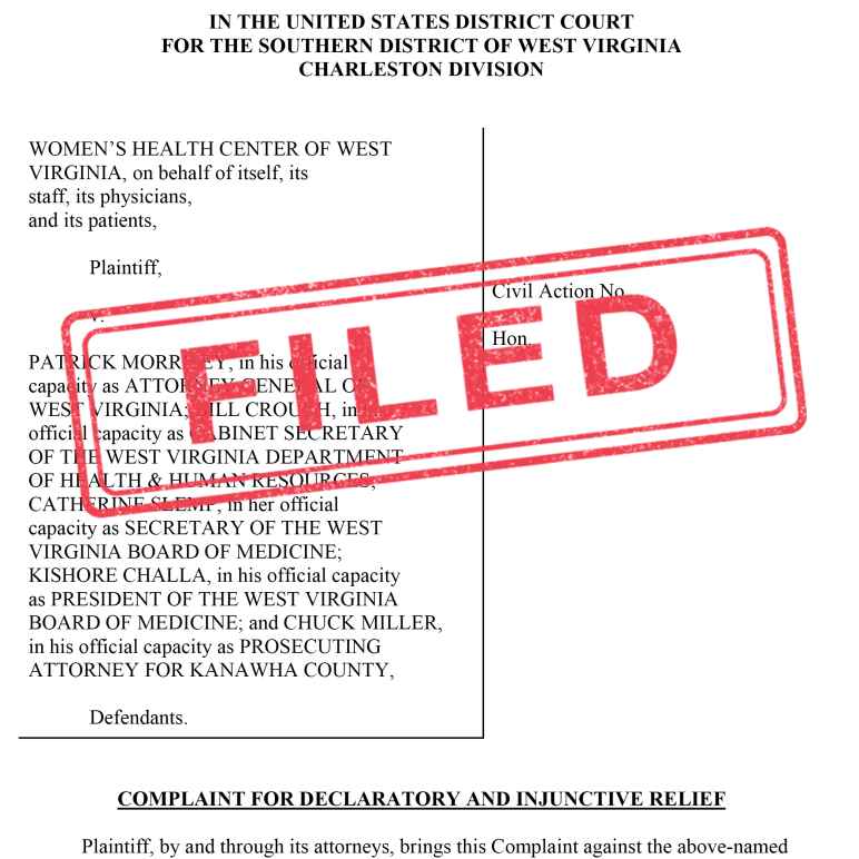 Filed complaint in Women's Health Center of WV v. Morrisey 