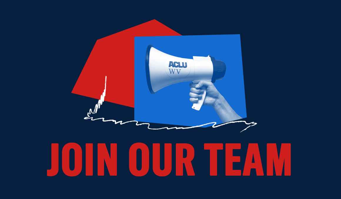 A collage colorblock image of a megaphone with an ACLU-WV sticker and the words "Join Our Team" in capital letters