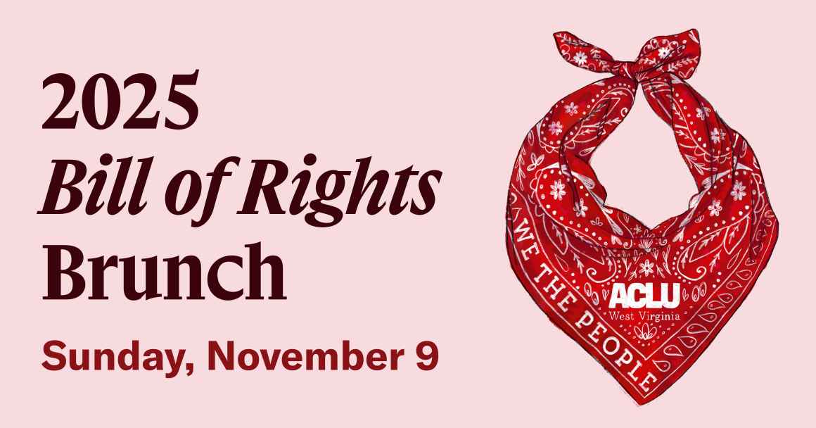 A red bandana reading WE THE PEOPLE next to the words 2025 Bill of Rights Brunch in burgundy