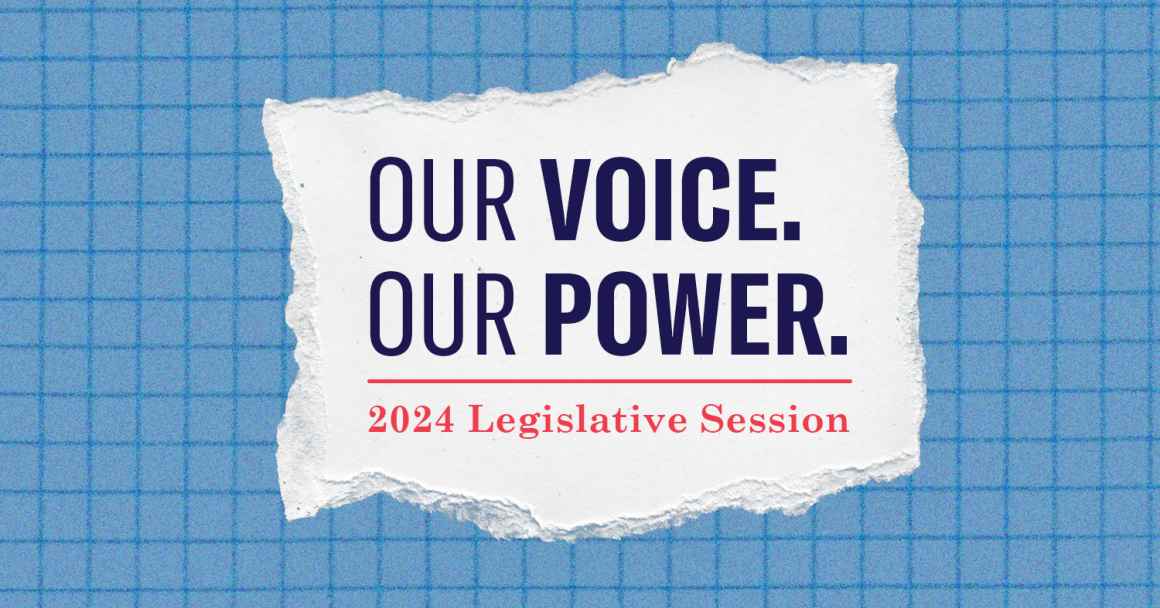 "Our Voice, Our Power: 2024 Legislative Guide" over an image of blue graphic paper