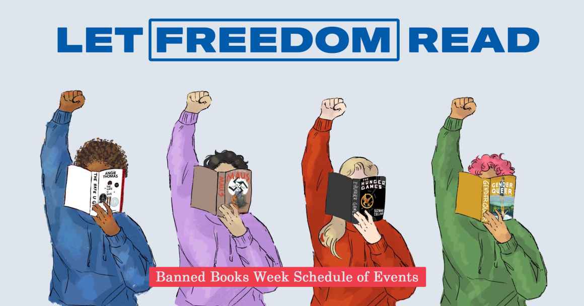 Young People read books like "The Hate U Give" and "Genderqueer" with raised fists under the words "Let Freedom Read."
