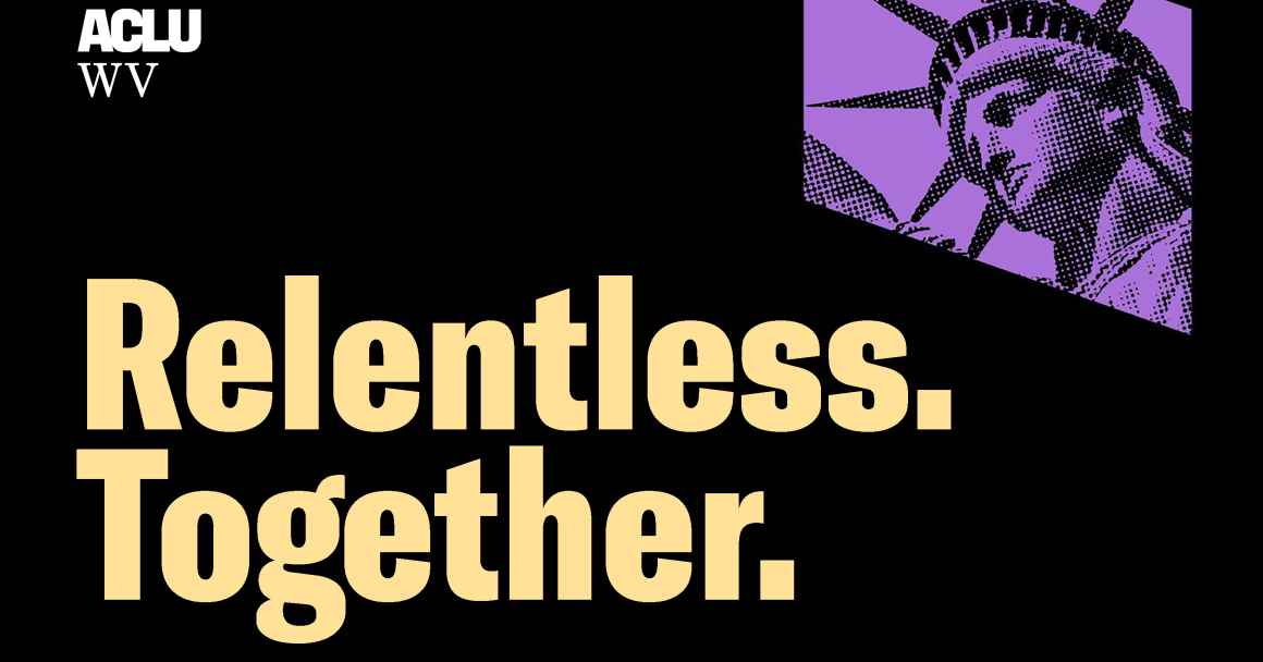 Lady liberty in purple with the words "Relentless Together" in yellow over a black background. 