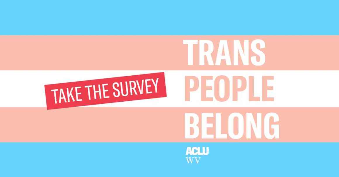 Text reads "Trans People Belong, Take the Survey" over a trans pride flag. 