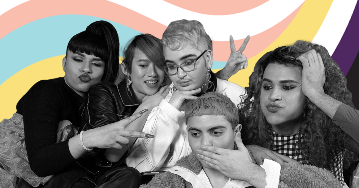 A Black and white image of gender-diverse individuals taking a selfie is set against a combination of the transgender and nonbinary pride flags