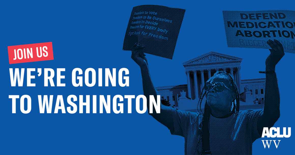 "Join Us - We're going to Washington" in white text over a blue background with an image of a woman holding signs supporting mifepristone in front of the U.S. Supreme Court. 
