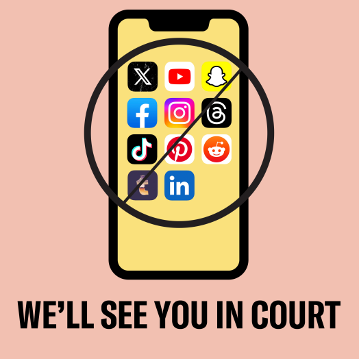 A graphic displays a cellphone with social media apps being circled and crossed out. The black text on a pink background reads "We'll see you in court" in all caps.