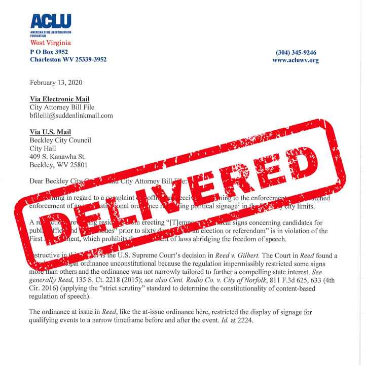 A copy of the letter sent to Beckley officials with the word "DELIVERED" stamped across it in red