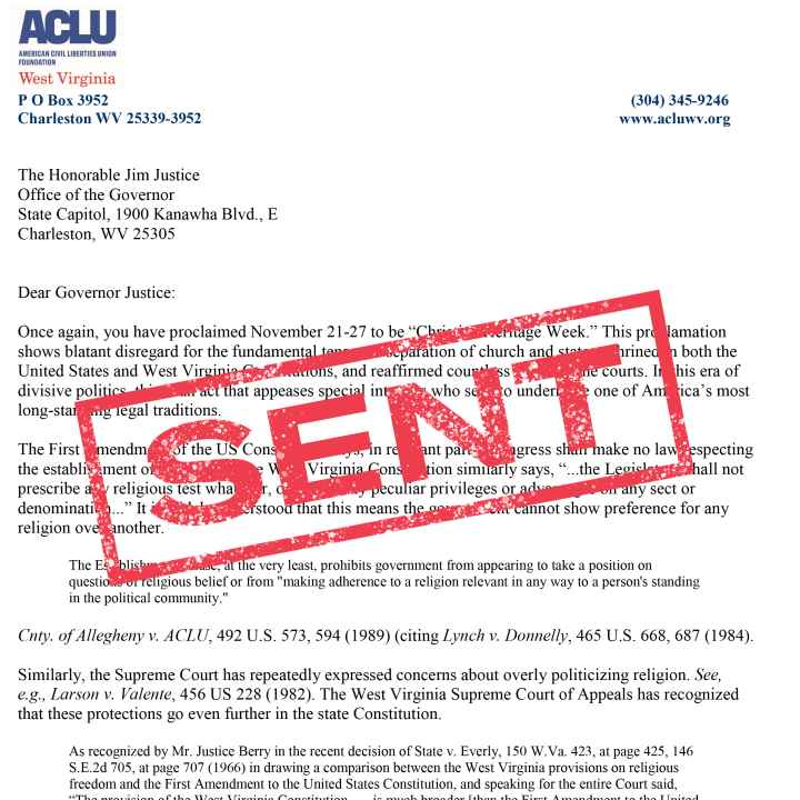 Letter to Governor Justice with "Sent" stamped in red