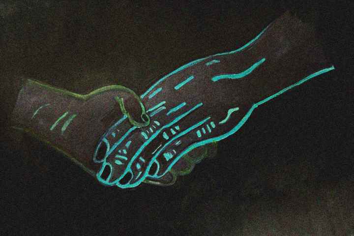 An illustration of two hands holding each other in a dark void. 