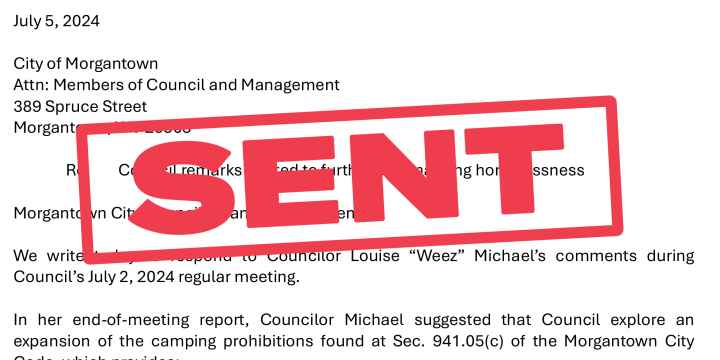 "Sent" stamped on copy of letter to Morgantown City Council