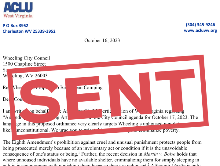 "SENT" is stamped in red over the letter sent to Wheeling officials Monday. 